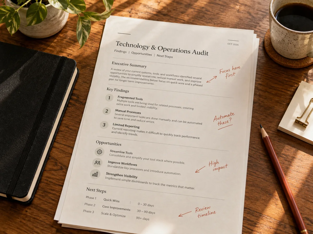 An illustrative printed Technology and Operations Audit with handwritten review notes on a desk.