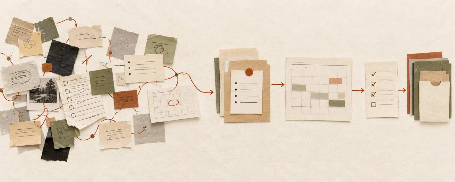 A paper collage showing scattered notes and tools becoming a prioritized plan, schedule, checklist, and organized operating system.