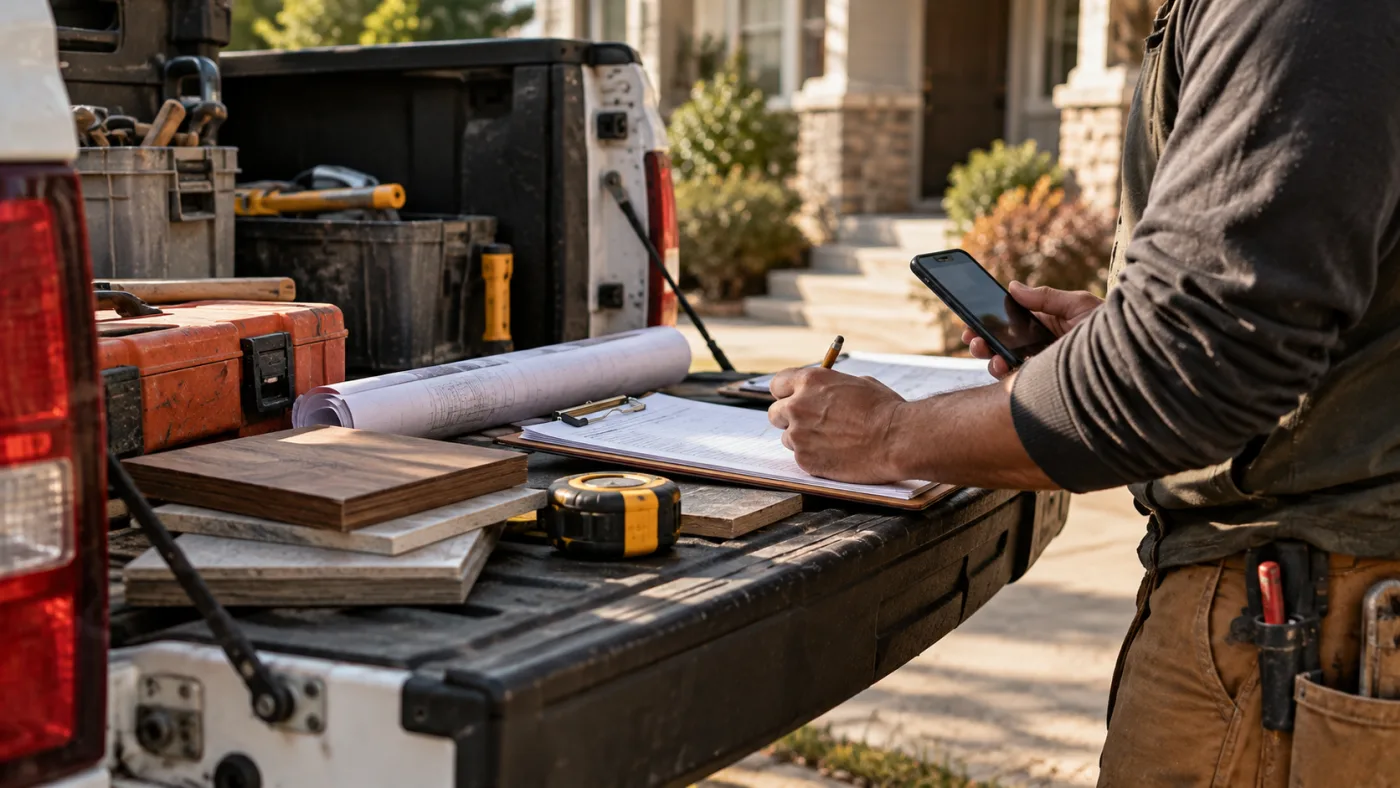 A field-service owner reviewing a work order and phone beside tools and plans on a truck tailgate.
