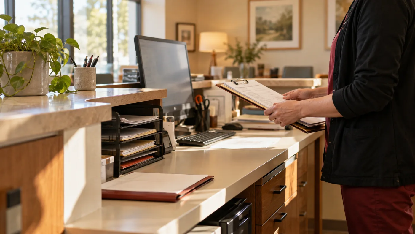 An independent medical-practice staff member reviewing administrative paperwork at a front desk.