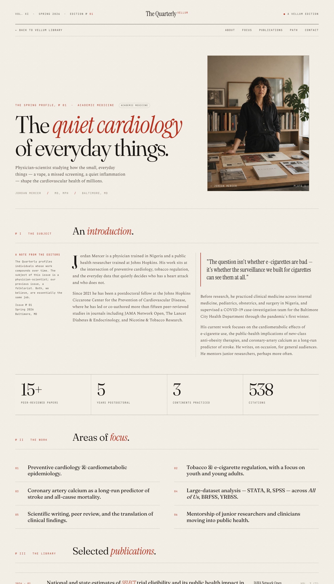 The Quarterly — Editorial magazine. Two-column grid, dateline, pull quote.