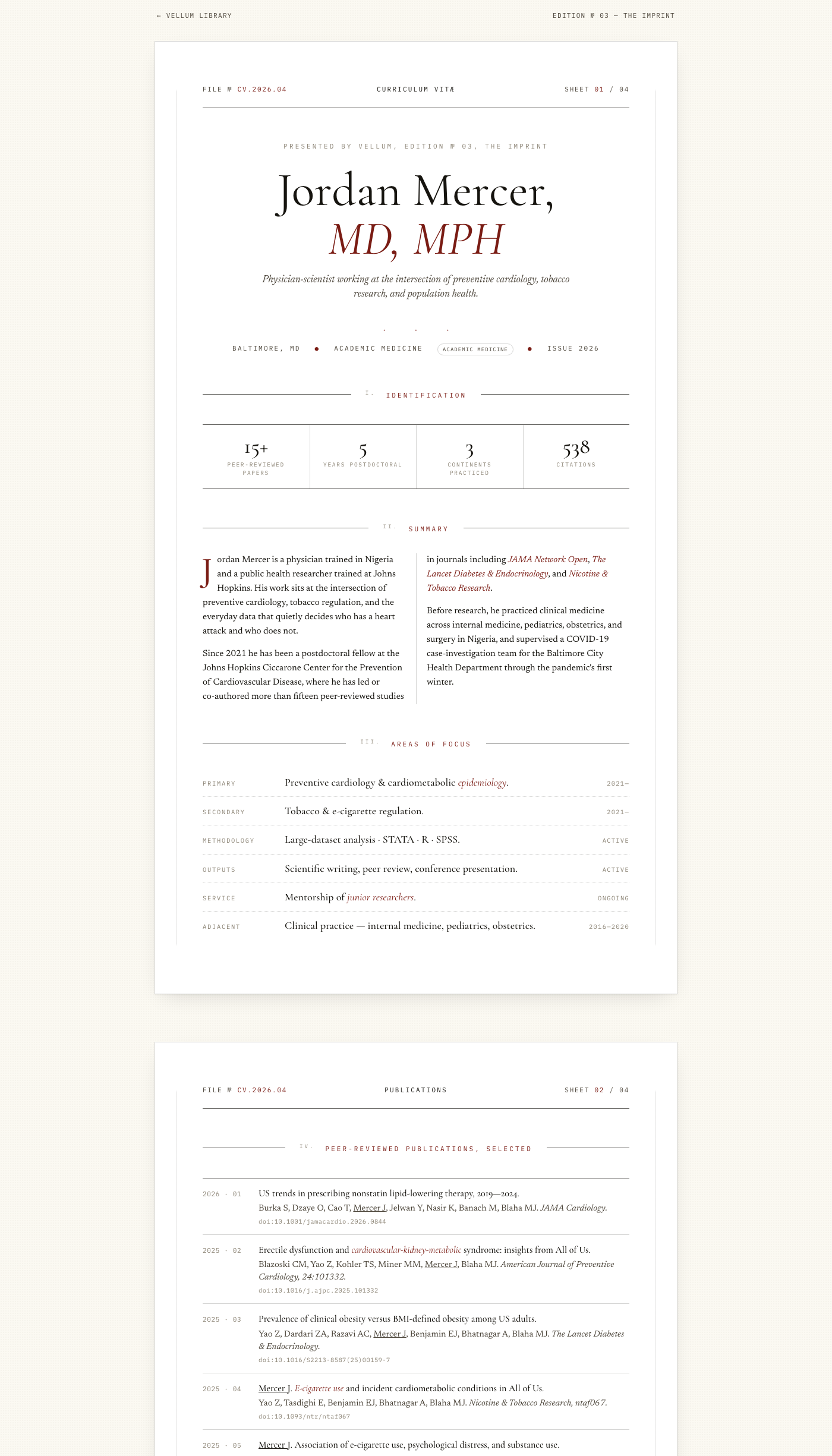 The Imprint — Résumé as printed matter. Ruled rows, Garamond, deep red.